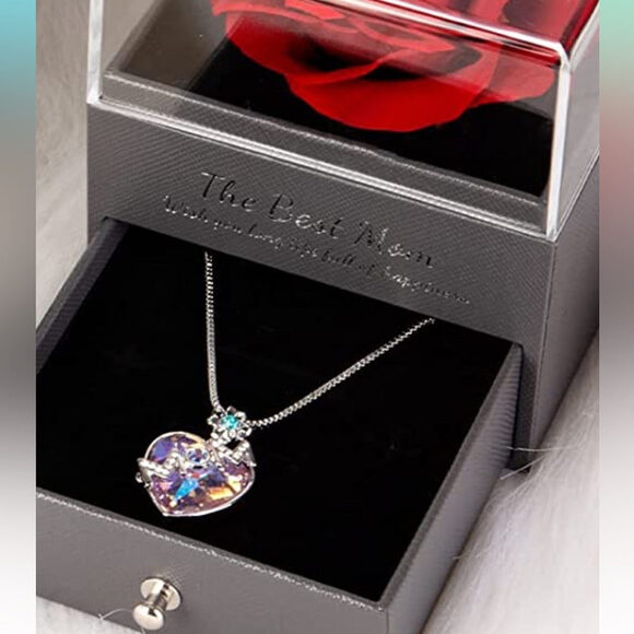Mom Necklace + Preserved Eternal Red Rose+ Gift Box+Bag+Card Valentine’s Day NEW - Picture 7 of 9